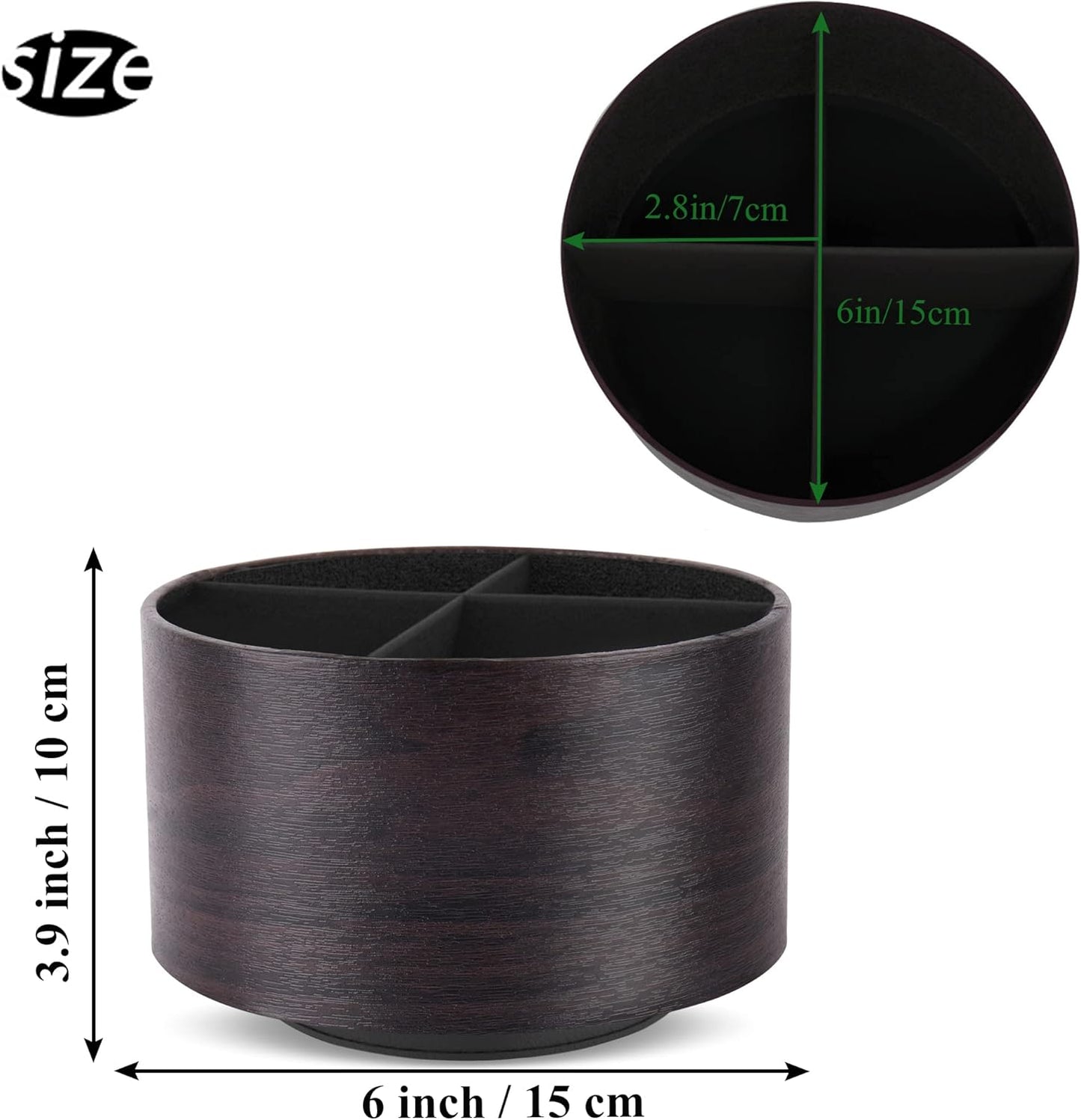 Hennaja Round Leather Art Supply Organizer,Remote Control Holder,360 Degree Spinning,Multi-Functional Pencil Holder,4 Compartments Desktop Stationary Organizer(1-Dark Brown2)