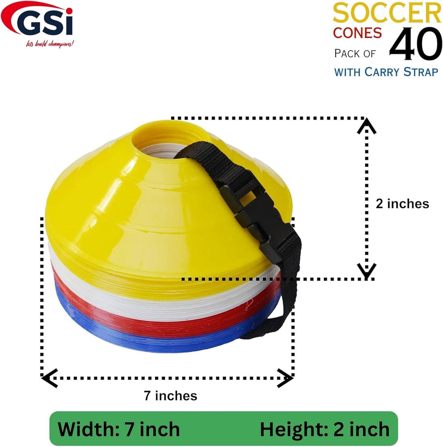 GSi Sports Cones | 40 Pack Training Cones with Strap for Agility Drills, Soccer, and Sports Practice and Shapes