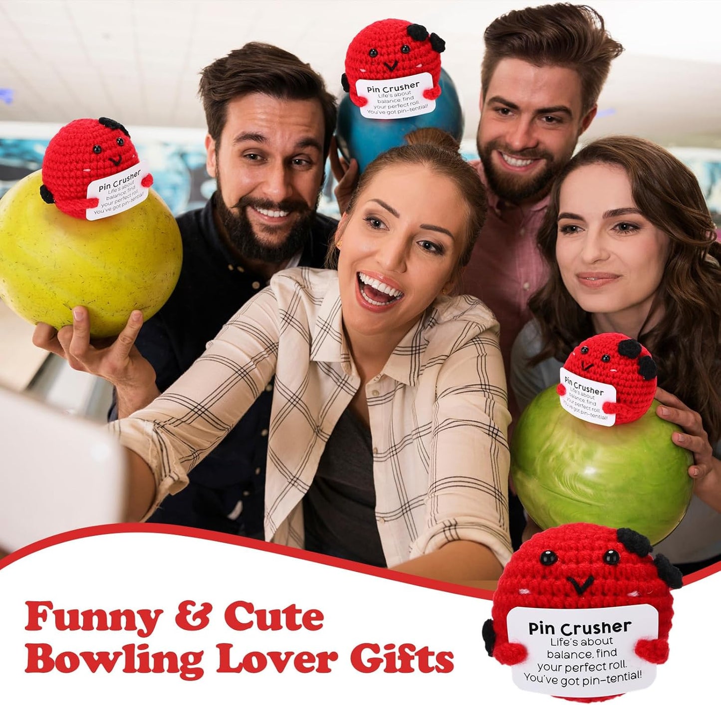 12pcs Funny Bowling Gifts for Team Bulk Positive Bowling Balls with Motivational Cards Handmade Mini Crochet Team Gift for Coach Women Men Coworker Birthday Christmas Party Favors