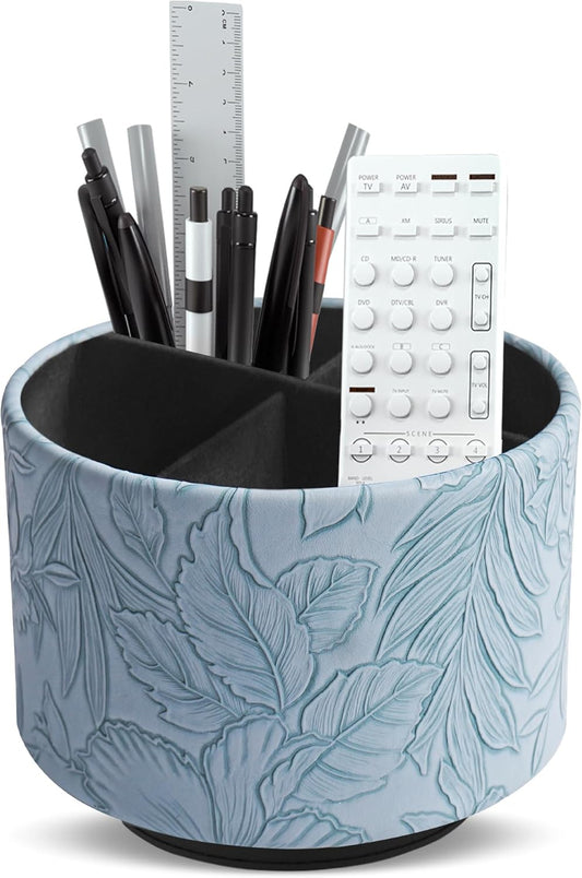 Hennaja Round Leather Art Supply Organizer,Remote Control Holder,360 Degree Spinning,Multi-Functional Pencil Holder,4 Compartments Desktop Stationary Organizer(1-Carved Light Blue)