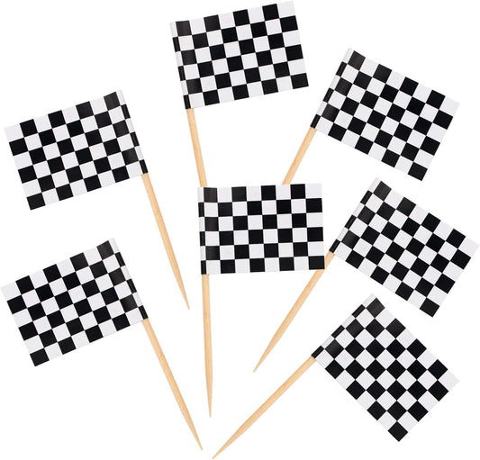 BLUE TOP 100 Pcs Checkered Black and White Racing Stick Flag,Small Toothpick Mini Stick Cupcake Toppers Picks Party Decoration Olympic Games Celebration Cocktail picks for Party Bar Sport events.
