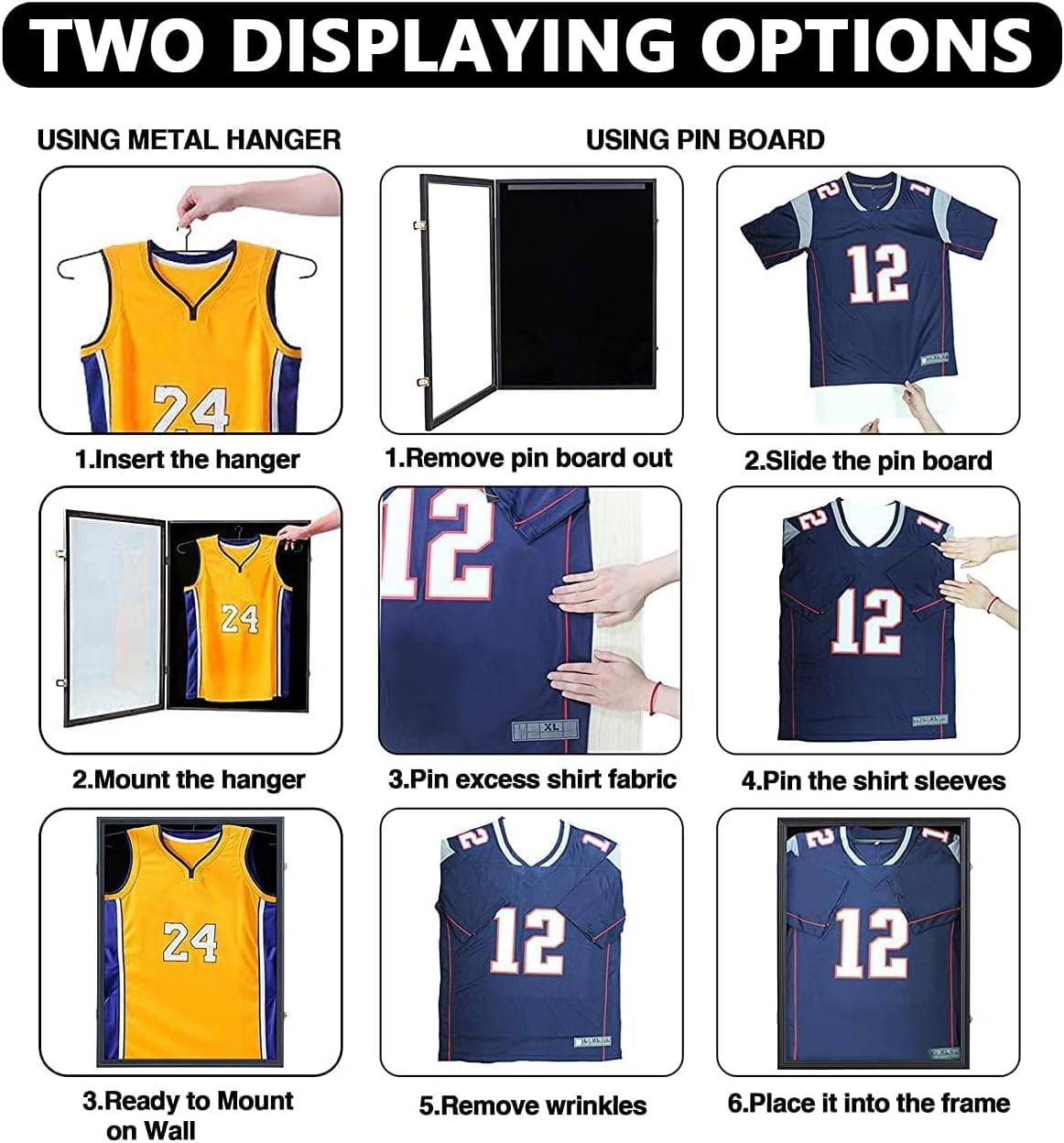 IHEIPYE Jersey Frame Display Case Shadow Box 2 Pack - Lockable with UV Protection Acrylic and Hanger for Baseball, Basketball, Football, Soccer, Hockey 2XL Sport Shirt and Uniform - Black