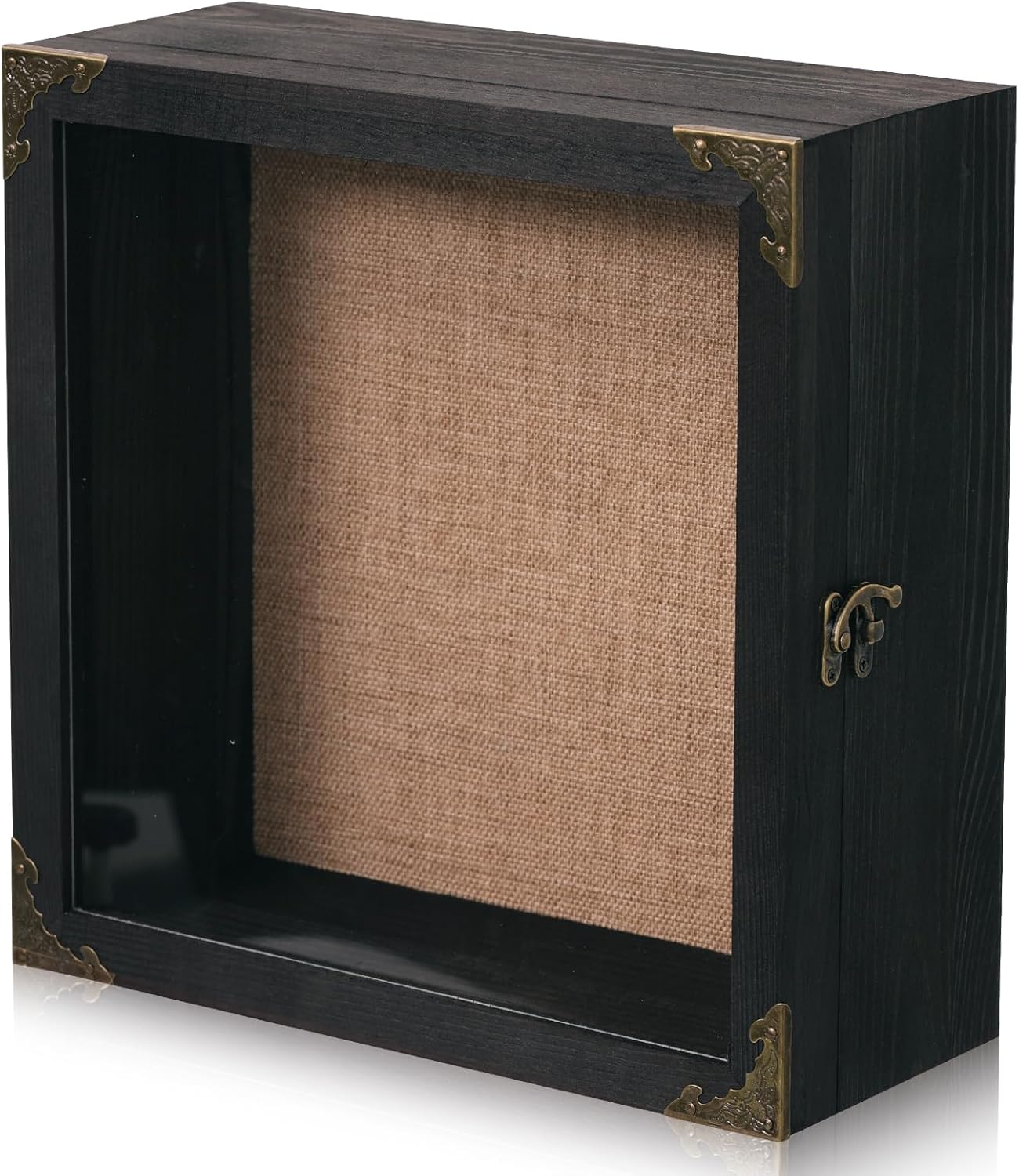 11x11 Inch Deep Shadow Box Frame 4.5" Depth, Black Solid Wood Display Case with Acrylic Door, Vintage Metal Corners, Memory Box for Medals Photos Coins Awards Wedding Keepsakes Military Memorial Gifts