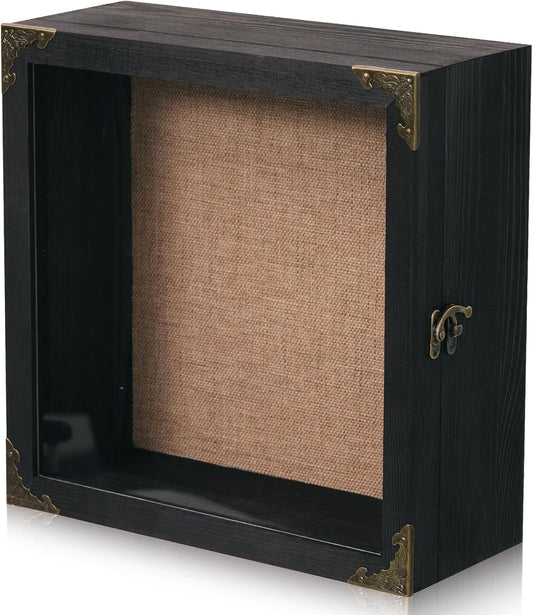 11x11 Inch Deep Shadow Box Frame 4.5" Depth, Black Solid Wood Display Case with Acrylic Door, Vintage Metal Corners, Memory Box for Medals Photos Coins Awards Wedding Keepsakes Military Memorial Gifts
