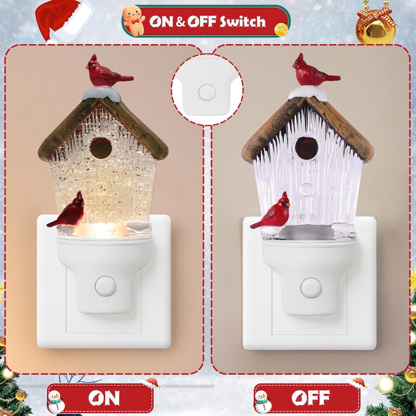2 Pack Christmas Birdhouse Night Light Plug into Wall Glitter Water Nightlight with USB/Outlet Options, Christmas Decorative Nightlight for Bedroom Kitchen Holiday Decorations Gifts (Birdhouse)