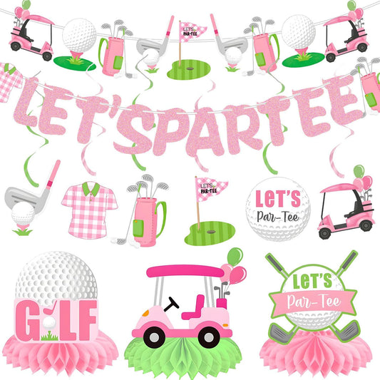 Golf Let's Par-Tee Banner Pink Golf Theme Birthday Party Decoration Hanging Swirls Pink Golf Honeycomb Centerpieces Golf Decor for Golf Lover Girls Sports Theme Party Golf Baby Shower Decoration