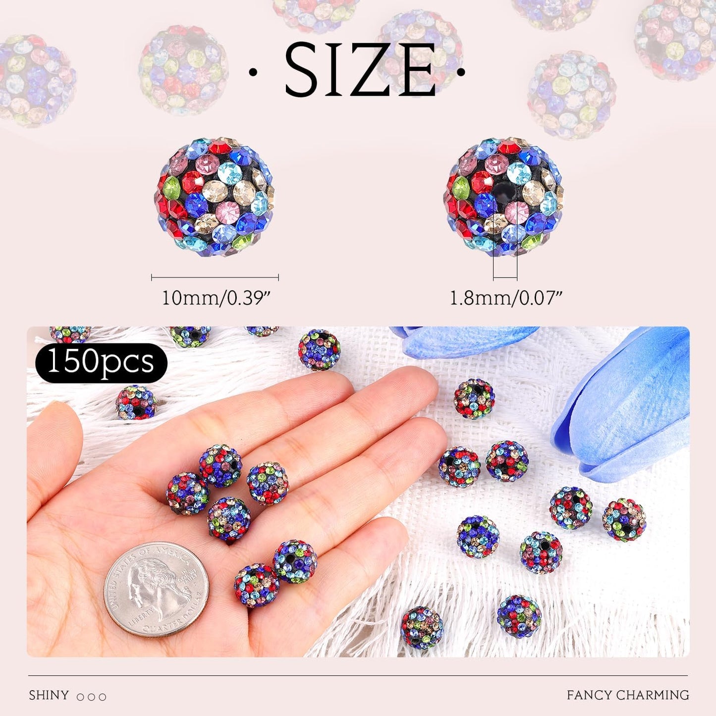 150pcs 10mm Rhinestone Beads for Jewelry Making, Black Mixed Shiny Round Shamballa Disco Beads Bulk, Sparkle Crystal Clay Christmas for Bracelet Baseball Necklace Earring Crafting and DIY
