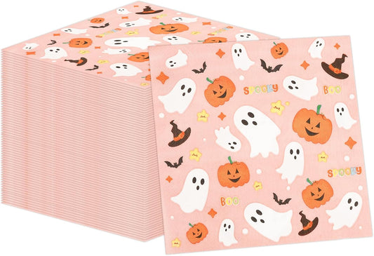 50PCS Pink Halloween Paper Napkins Cartoon Ghost Pumpkin Magic Hat Luncheon Napkins Disposable Dessert Dinner Hand Napkins for Halloween Birthday Party Supplies