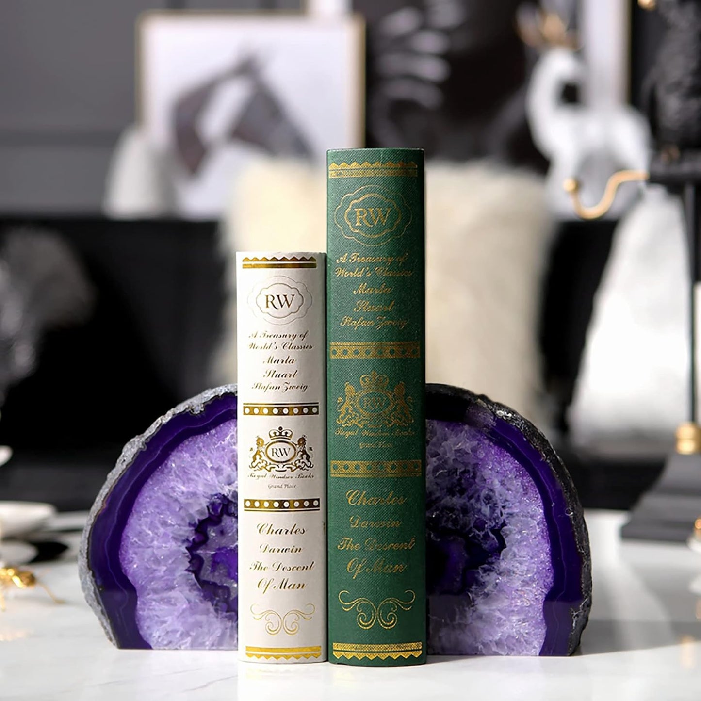 AMOYSTONE Agate Bookends Purple Decorative Stone Book Holders for Hardback Book or Cookbooks, Unique Stone Book Stoppers Bookends 4-5 LBS with Rubber Bumpers, Home Office Decor