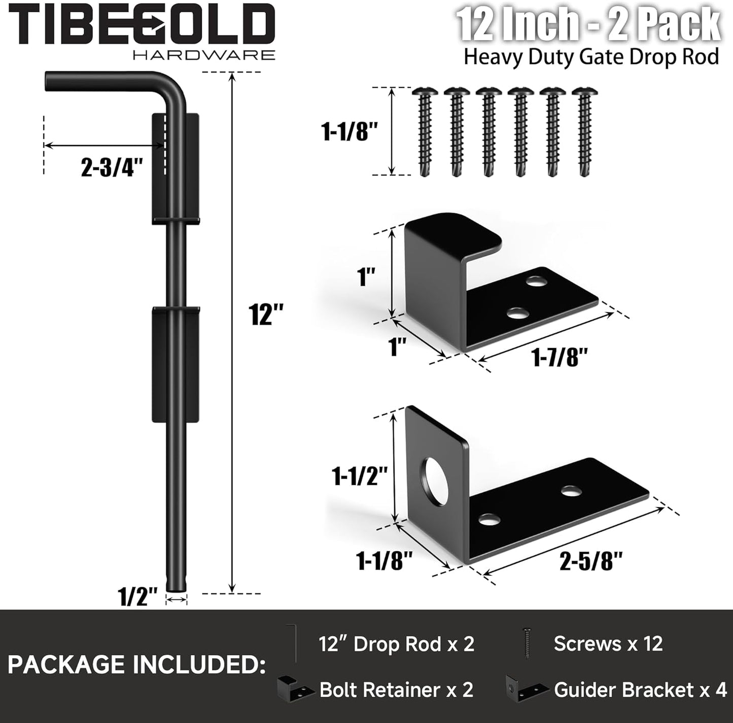 12" Heavy Duty Cane Bolt Gate Drop Rod, Extra Thick Gate Ground Latch Hardware for Wood PVC Vinyl Metal Fences Gates, Wrought Iron Doors Stopper Gate Latches, Black Finish, 2 Pack