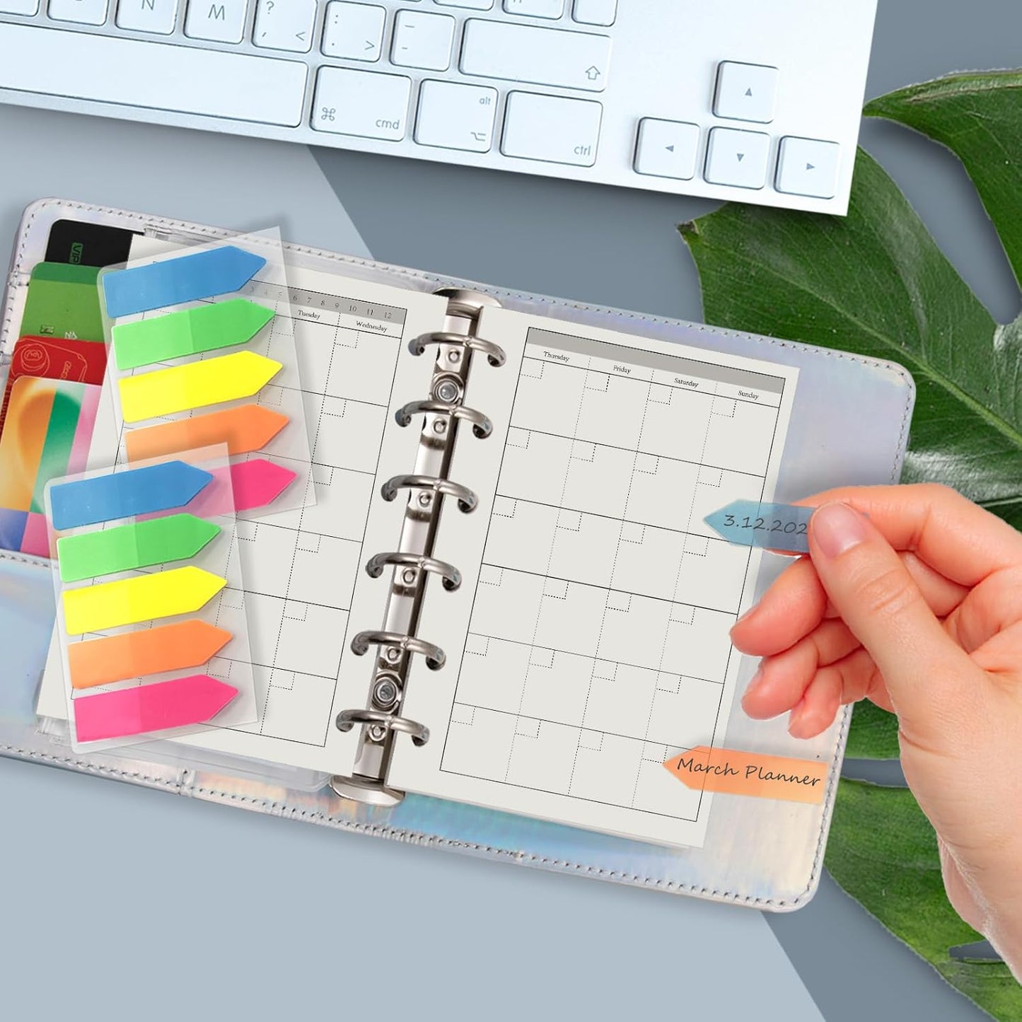 Harphia A7 6 Holes Binder Refill Value Set, 90sheets monthly plan loose leaf paper with stickers and dividers, planner insert with binder pockets for A7 binder 6 holes refillable notebook,005dA7month