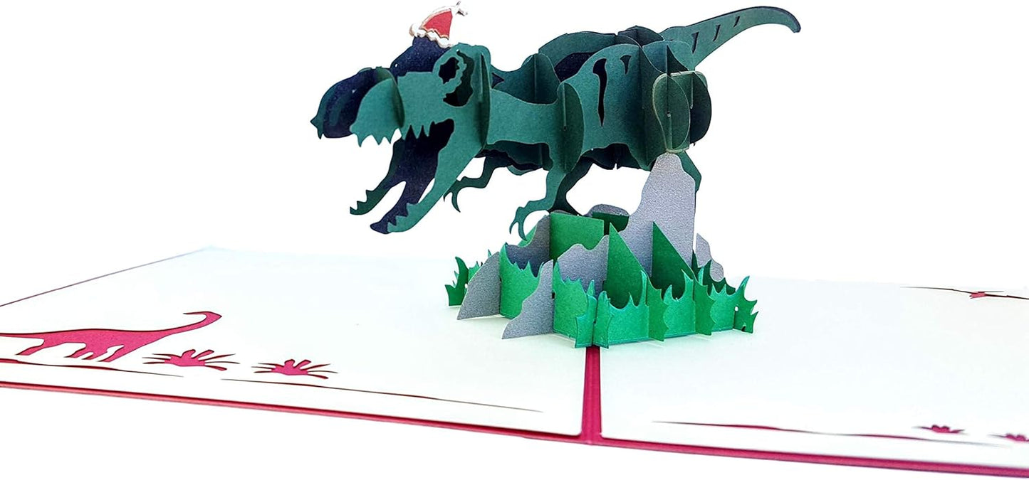iGifts And Cards Funny Christmas Dinosaur 3D Pop-Up Card – Santa Hat T-Rex with Gifts & Candy Canes – Holiday Greeting for Kids, Dinosaur Lovers, Friends, Coworkers – 6x8 Inches