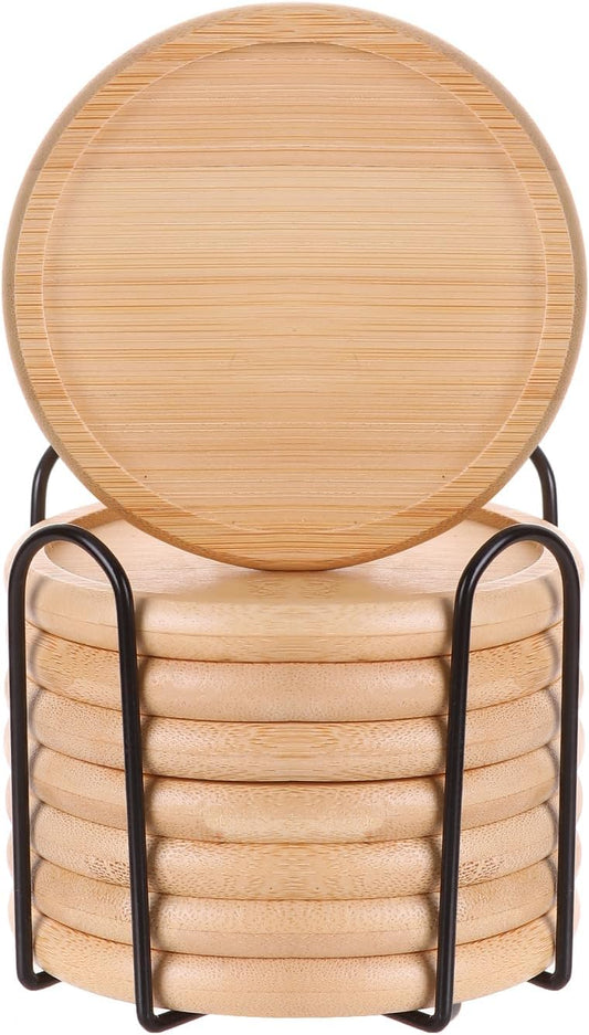 Bamboo 4 inch coaster [8 pcs] Coasters with Holder - Drinking Coasters - Cup Mat for Drinks - Live for Hot or Cold Drink - Non-slip and non-stick,Suitable for Kinds Cups and Living Room Decor