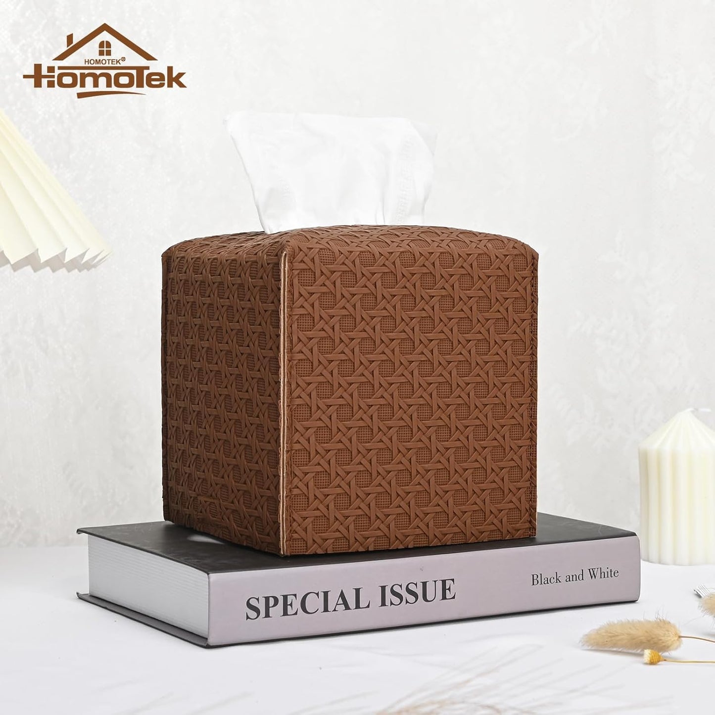 HOMOTEK 2 Pack Tissue Box Cover, Square PU Leather Tissue Holder, Decorative Facial Tissue Cube Paper Organizer Dispenser for Bathroom, Night Stands, Desk, Car 5X5X5'' - Rattan Weave,Chocolate