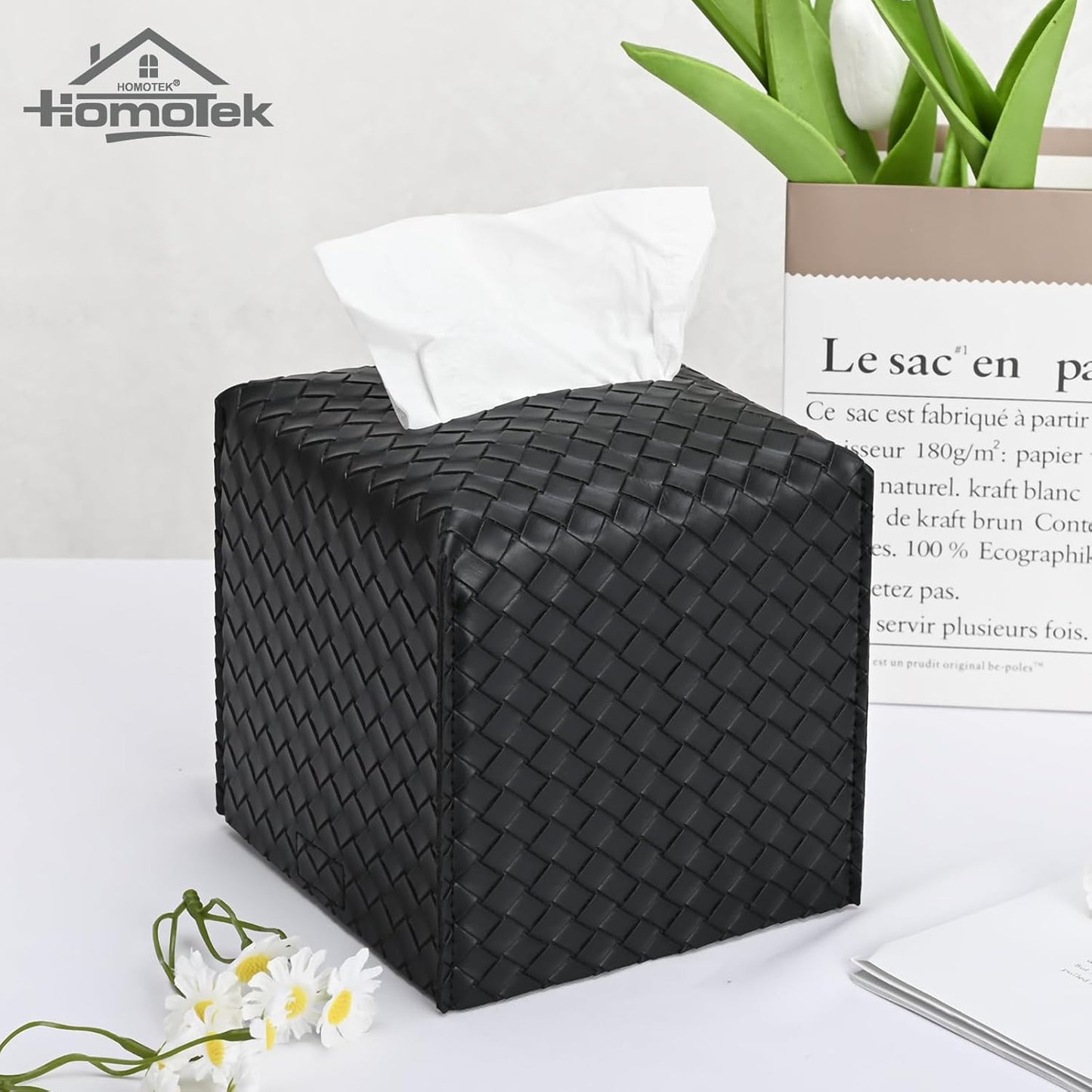 HOMOTEK 2 Pack Tissue Box Cover, Square PU Leather Tissue Holder, Decorative Facial Tissue Cube Paper Organizer Dispenser for Bathroom, Night Stands, Desk, Car 5X5X5'' - Woven Waffle,Dark Black