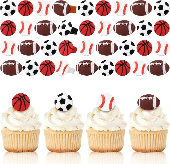 Honeydak 48 Pcs Sports Cupcake Toppers Basketball Softball Football Soccer by Honeydak