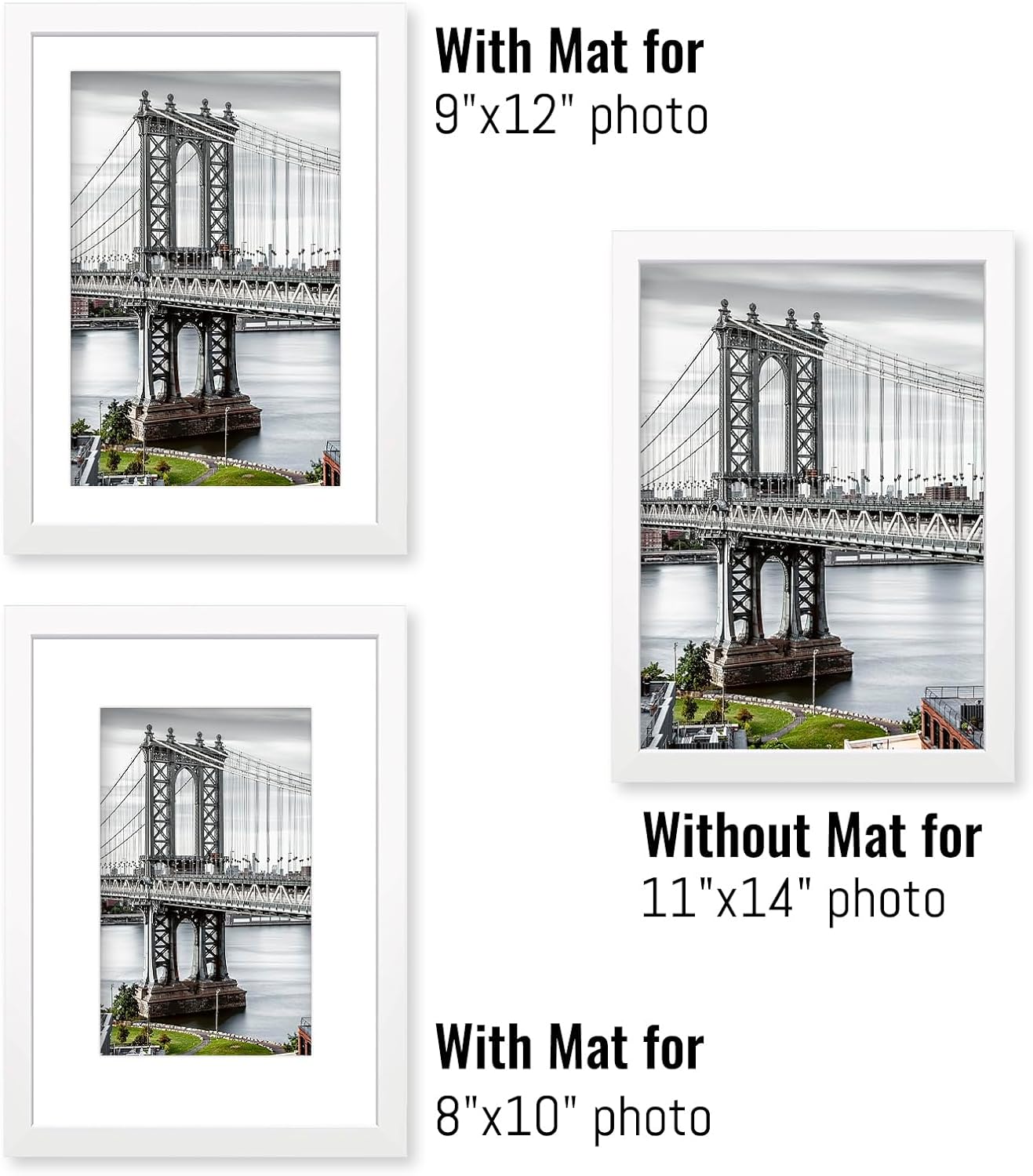 11x14 Picture Frames Solid Wood Display Pictures 9x12 or 8x10 with Mat or 11x14 Frame without Mat Poster Photo Frame Art with 2 Mats for Wall Mounting or Table Top(White)