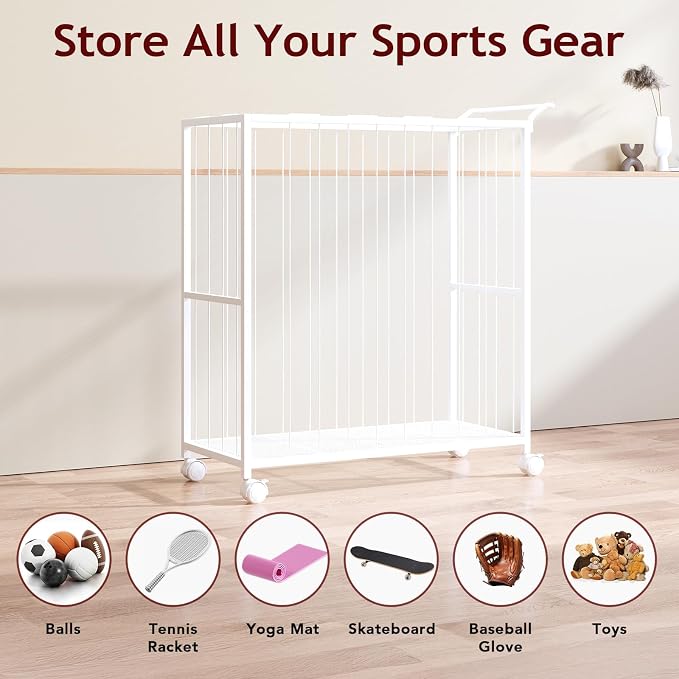 Ball Storage Bin Rolling Sports Ball Cart, Metal Garage Organizer Sport Rack - Image 3