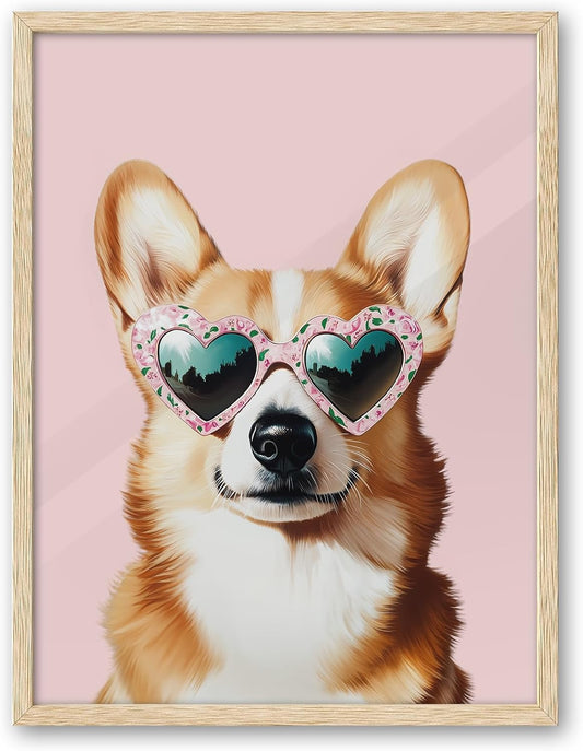 iHery Natural OAK Wood Pink Corgi Dog Framed Wall Art, 12x16in Funky Preppy Heart-Shaped Glasses Canvas Wall Art Decor For Bedroom, Cute Welsh Dog Prints Apartment Bathroom Living Room Set of 1