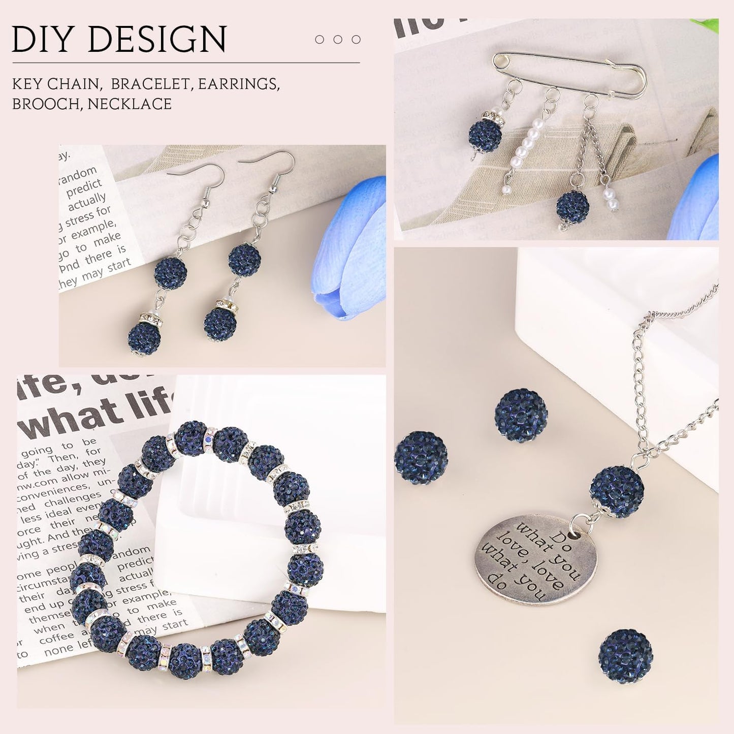 100pcs 10mm Rhinestone Beads for Jewelry Making, Blue Black Shiny Round Shamballa Disco Ball Beads Bulk, Sparkle Crystal Clay Christmas for Bracelet Baseball Necklace Earring Crafting and DIY