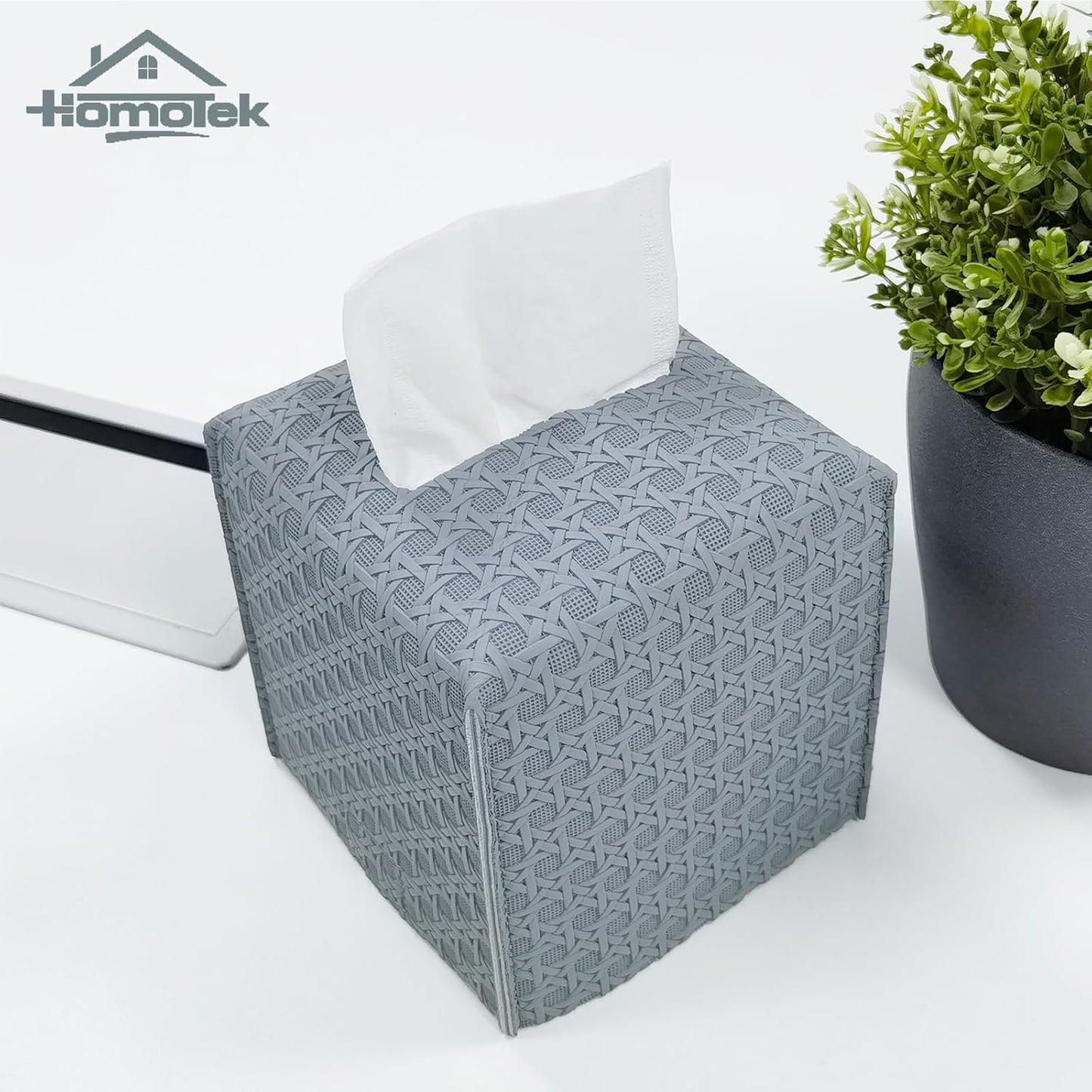 HOMOTEK 2 Pack Tissue Box Cover, Square PU Leather Tissue Holder, Decorative Facial Tissue Cube Paper Organizer Dispenser for Bathroom, Night Stands, Desk, Car 5X5X5'' - Rattan Weave, Light Gray