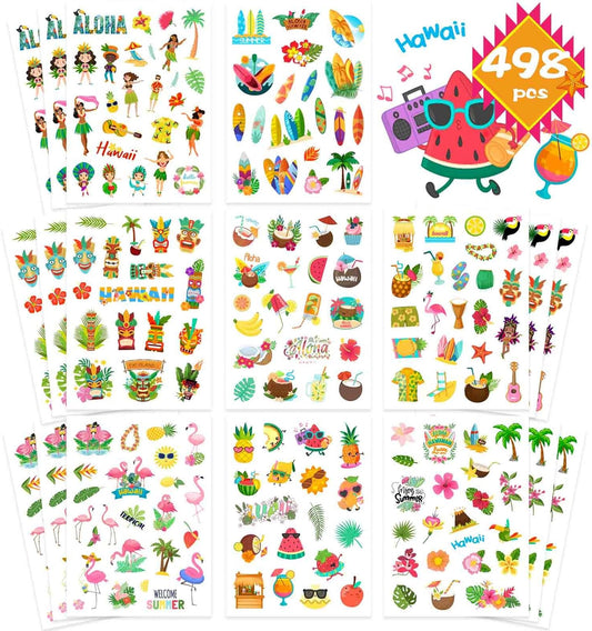 24 Sheets Summer Pool Beach Stickers Luau Hawaii Sun Stickers Sea Beach Watermelon Beer Ice Cream Pineapple Sticker for Hawaii Tropical Decoration Sticker Summer Holiday Party Favors