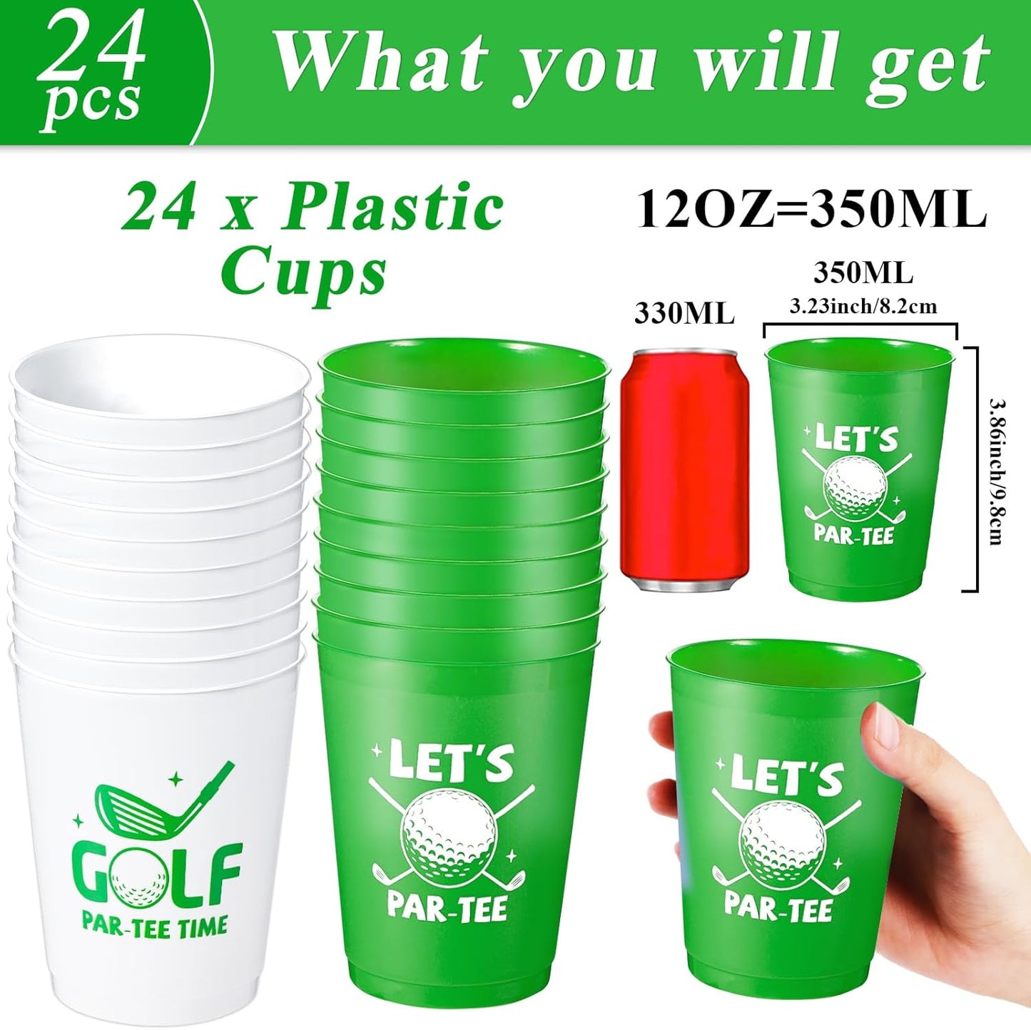 24 Pcs Golf Party Cups Let's Par-Tee Plastic Cups Reusable Plastic Tumblers Party Supplies Sports Golf Ball Plastic Drinking Cups 12oz Party Decoration for Kids Birthday Golf Lover Gifts School Favors