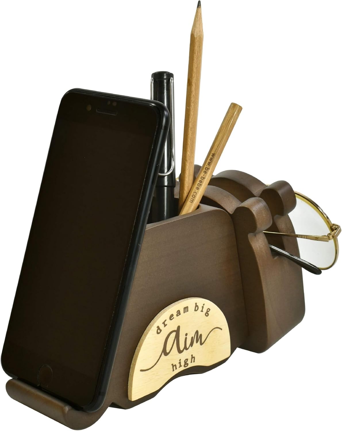 I'm Wood Multipurpose Eyeglass Phone Pen & Pencil Holder Stand Stationery Desk Organizer Accessories, For Home Office Desktop Decor Birthday Graduation Gifts “Dream Big Aim High” (Dog)