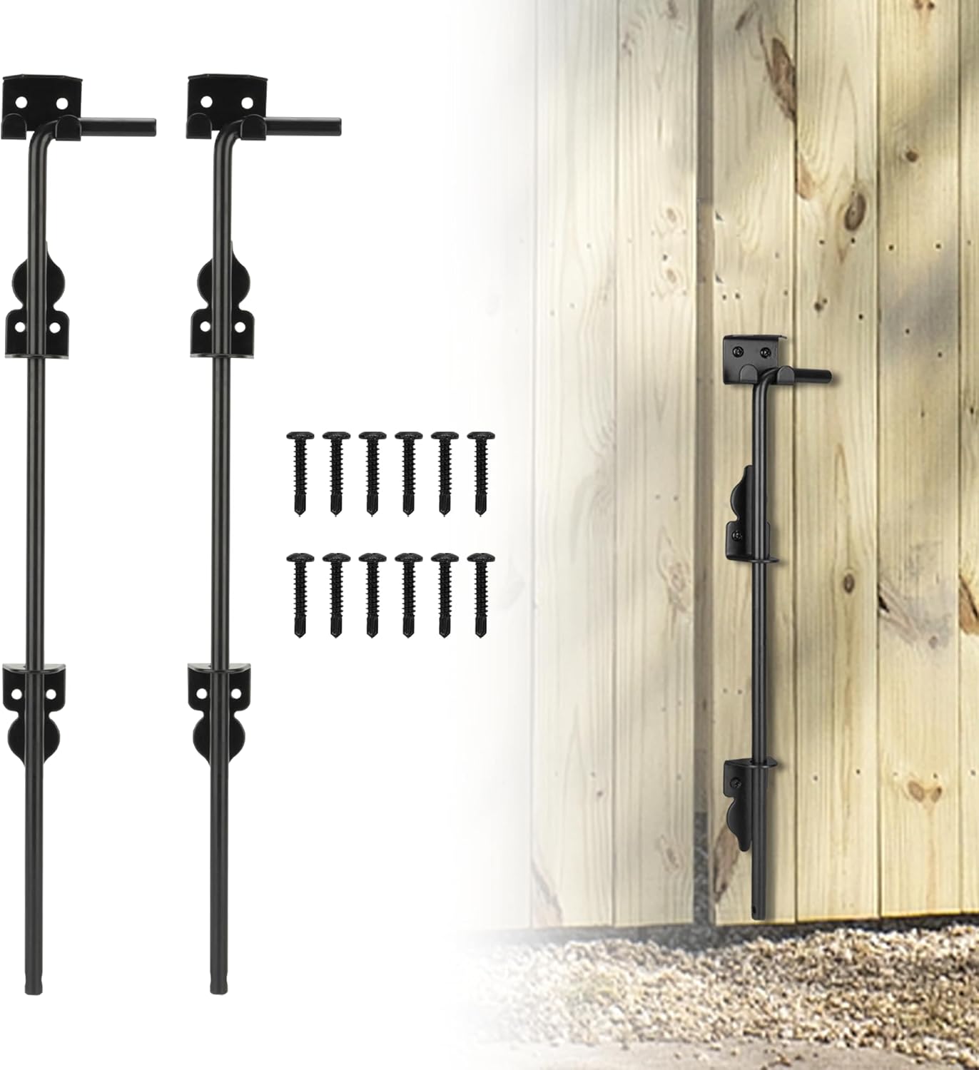 18" Heavy Duty Cane Bolt, Double Gate Latch with Black Finish, 2 Way Gate Drop Rod for Wood PVC Vinyl Metal Fences Gates Double Doors-2 Pack