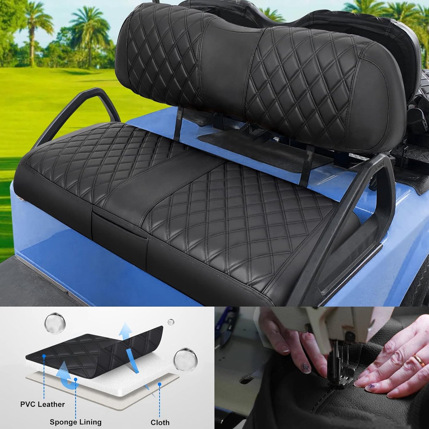 iLSKW Golf Cart Seat Covers Leather for Club Car DS OEM Front Seat Cover Set with Diamond Stripe PVC Leathur with Black Stitching Breathable Washable Anti-Chipping/Anti-Fading/No Stapler