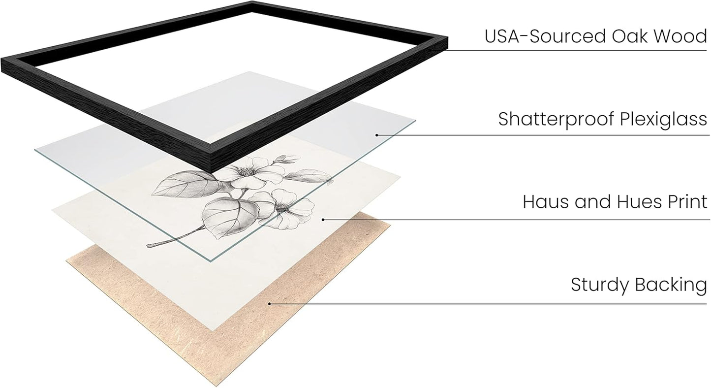 HAUS AND HUES Grey Floral Wall Art - Set of 4 Plant Posters for Wall Vintage, Botanical Prints, Black and White Flower Pictures for Room Aesthetic, Farmhouse Bathroom, Rustic Art (Black Frame, 11x14)