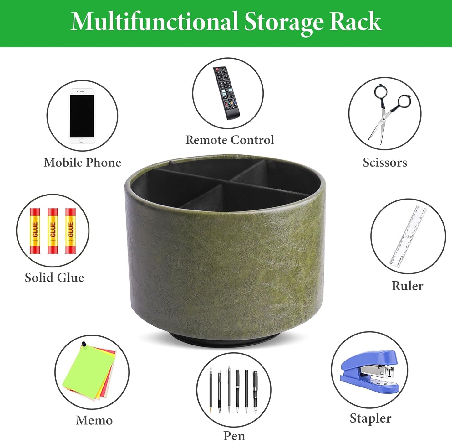 Hennaja Round Leather Art Supply Organizer,Remote Control Holder,360 Degree Spinning,Multi-Functional Pencil Holder,4 Compartments Desktop Stationary Organizer(1-Oil Green)