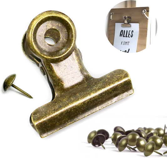 Bulldog Clips with Hole for Push-pin, Paper File Clips with Strong Spring, Small Metal Binder Clips, Seal Clamps for Coffee Tea Food Bags, Decorative Clips for DIY Photo Grid (Bronze, 22 mm)