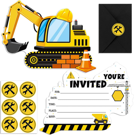 30 Sets Construction Excavator Birthday Party Invitations Cards with Envelopes Stickers Construction Themed Invitations for Boy Kids Birthday Excavator Party Supplies Decoration