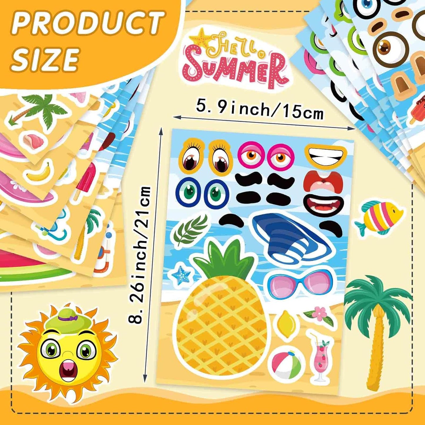 24 Sheets Summer Stickers for Kids, Make a Face Sticker Hawaii Tropical Pool Beach Stickers, Make Your Own Watermelon Pineapple Flamingo Sticker for Tropical Luau Party, Summer Holiday Party Favors