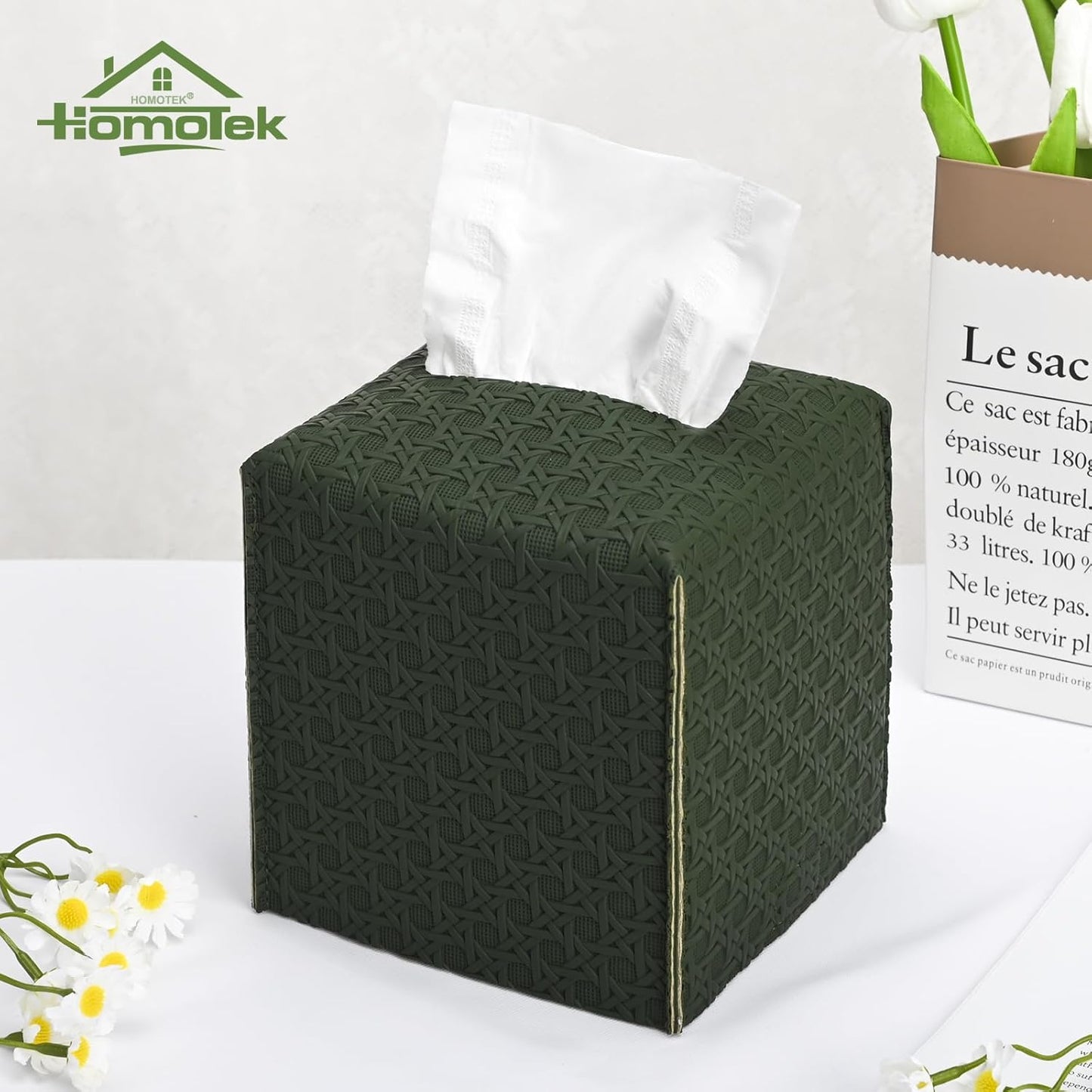 HOMOTEK 2 Pack Tissue Box Cover, Square PU Leather Tissue Holder, Decorative Facial Tissue Cube Paper Organizer Dispenser for Bathroom, Night Stands, Desk, Car 5X5X5'' - Rattan Weave,Emerald Green