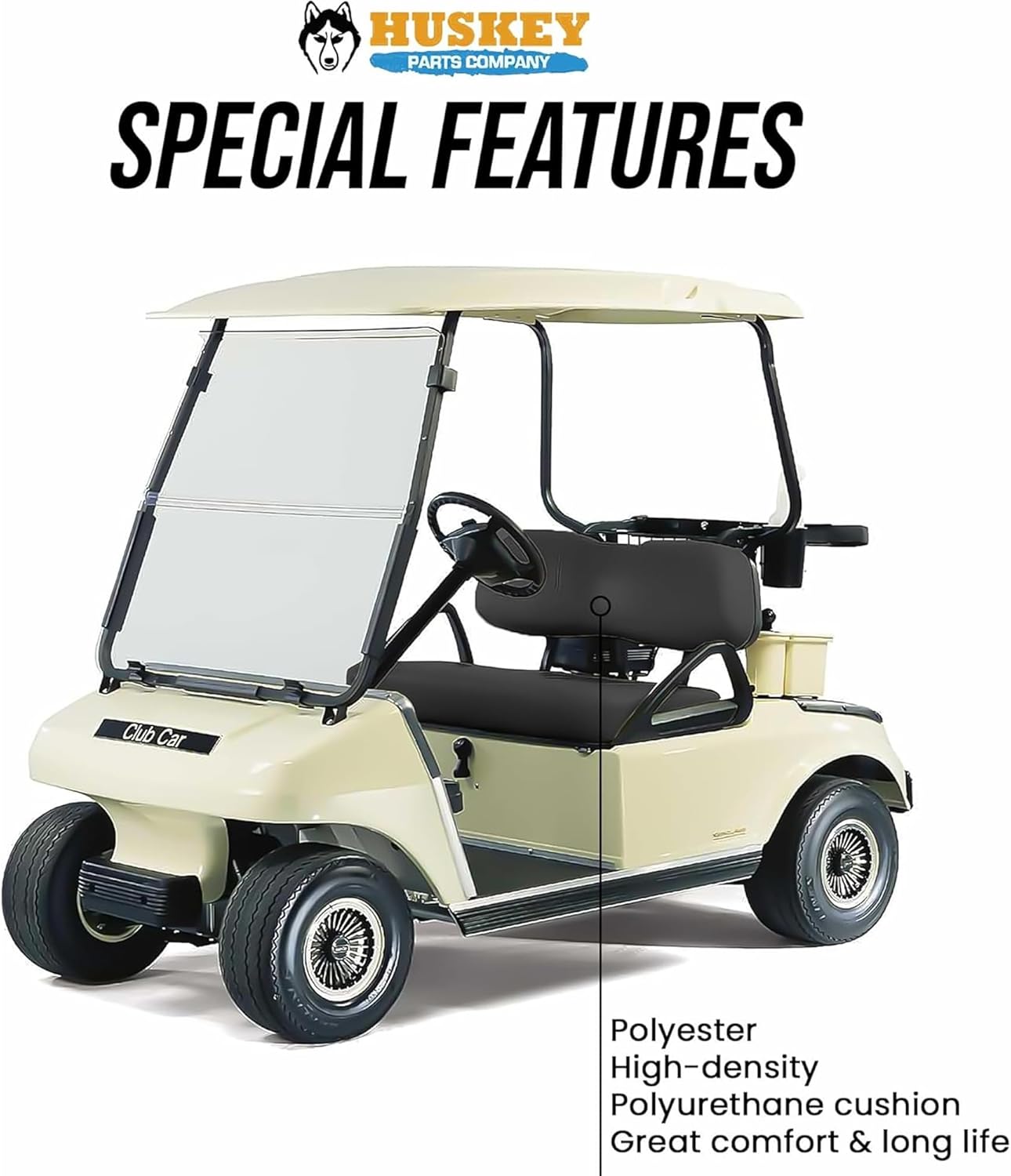 Huskey Parts Company Golf Cart Seat Cushion Set for Front Seat Lean Back & Bottom, Black Color for Club Car DS 2005 and Up Models, Golf Cart Front Seat Replacement with Mounting Hardware & Hinges