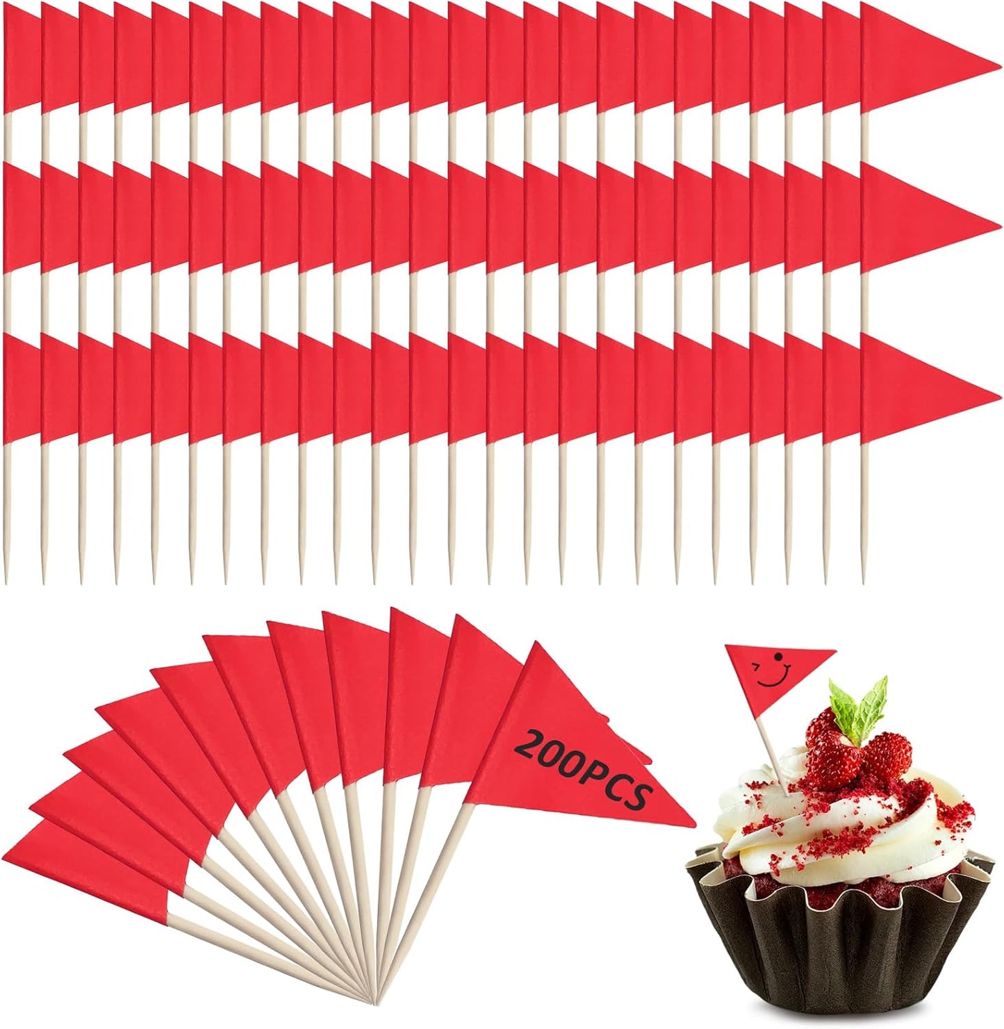 200 Pcs Red Solid Toothpick Flags Mini Plain Triangle Blank Custom Stick Cupcake Toppers Fruit Cheese Markers Labels for Golf Party Buffet Appetizers DIY Decorations