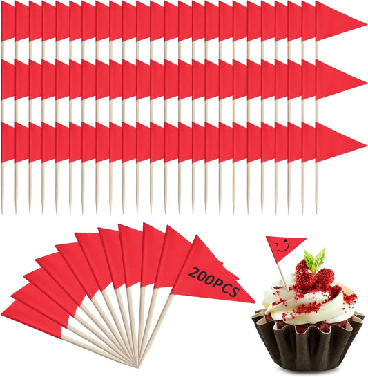 200 Pcs Red Solid Toothpick Flags Mini Plain Triangle Blank Custom Stick Cupcake Toppers Fruit Cheese Markers Labels for Golf Party Buffet Appetizers DIY Decorations