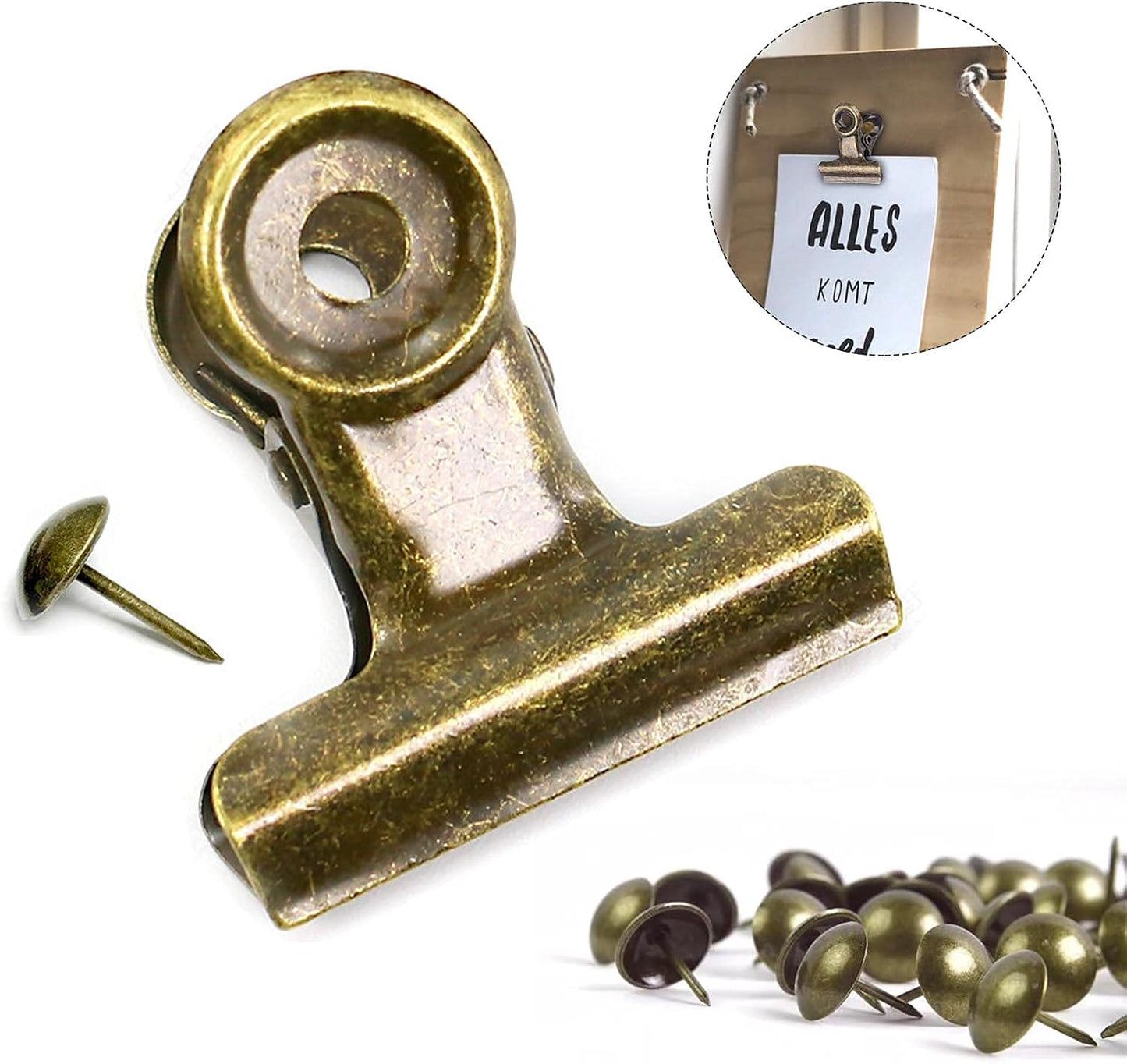 20 Pack Metal Clips with 20 Push-pins for Corkboard,Bulldog Clips for Hanging Pictures,Small Hinge Clips for Crafts,Mini Binder Clips Paper File Clamps for Office School(Bronze,1.2inch)