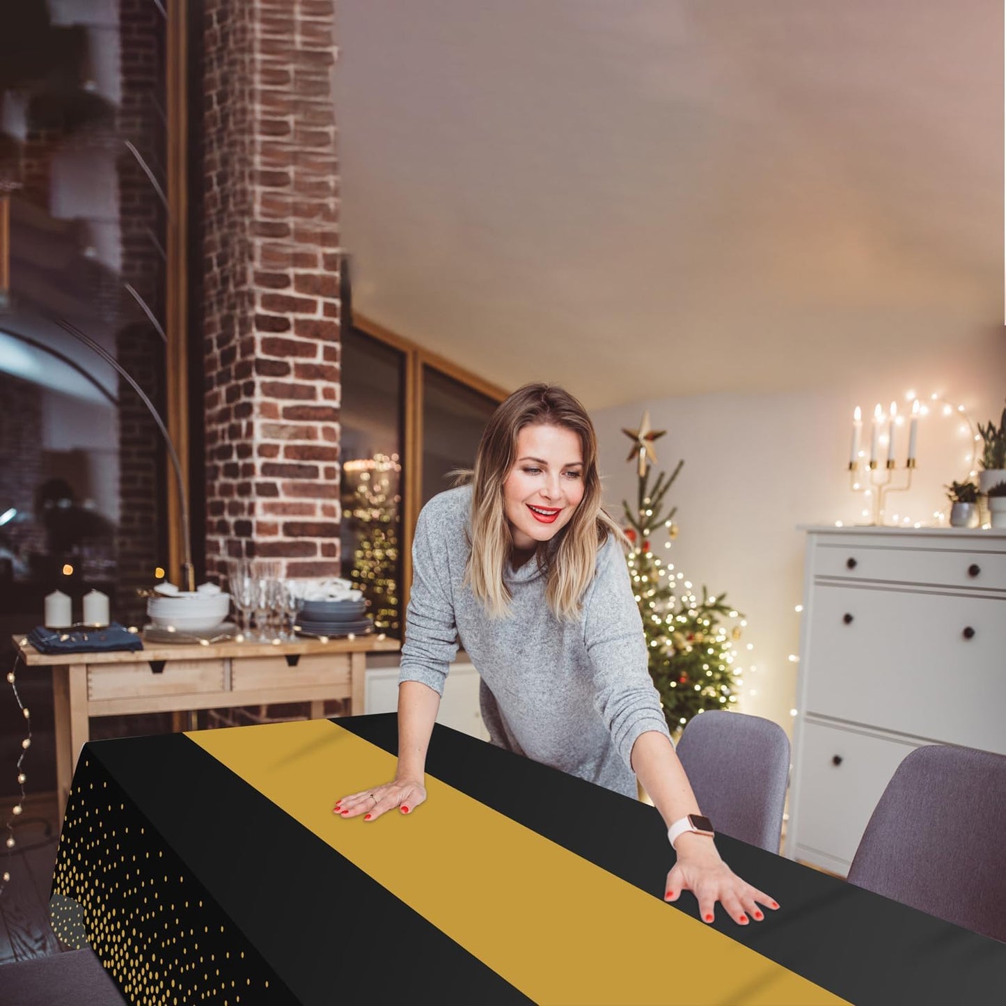 16 Pack 2in1 Disposable Plastic Tablecloths 54" x 108" Black and Gold Dot Kitchen Table Cloth Rectangle Table Cover for Wedding Birthday Baby Shower Anniversary Christmas New Year Graduation