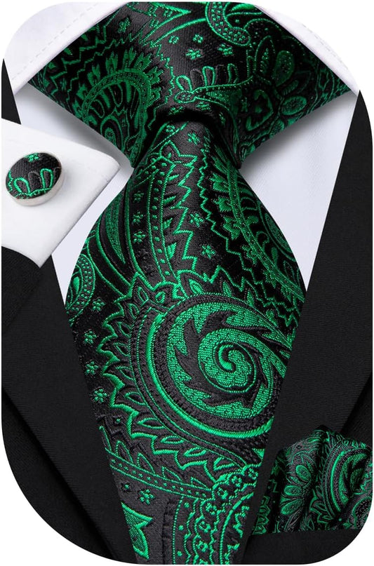 Hi-Tie Men 63inches Tie Set Extra Long Necktie Paisley Tie Pocket Suqare Cufflinks Big and Tall Men Tie