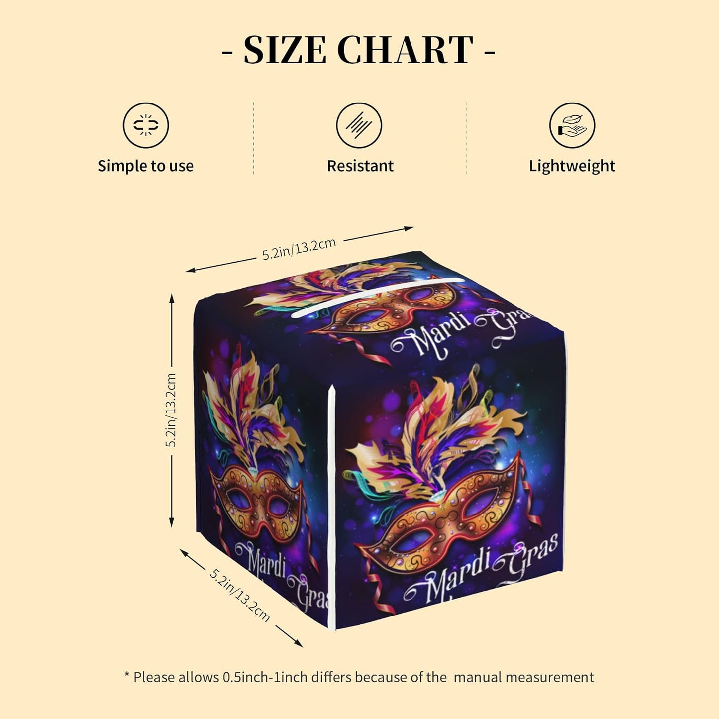 Tissue Box Cover Square,Mardi Gras Mask Tissue Box Holder Waterproof Leather Facial Paper Case Modern Home Decoration for Bedroom Dresser Night Stand Office Desk