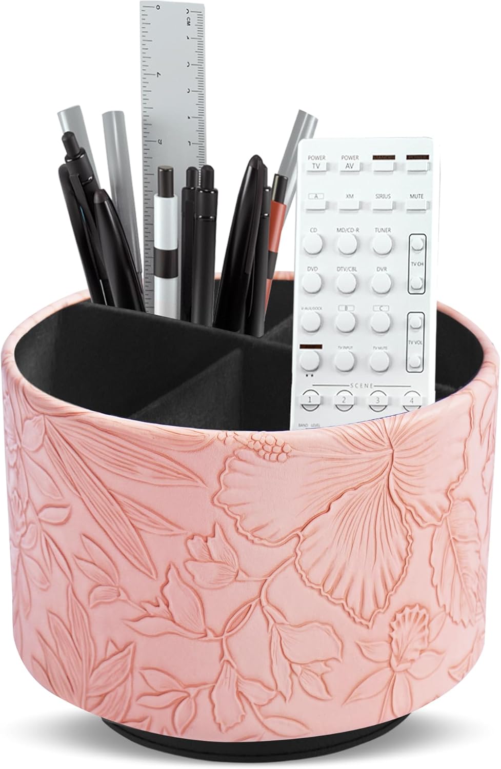 Hennaja Round Leather Art Supply Organizer,Remote Control Holder,360 Degree Spinning,Multi-Functional Pencil Holder,4 Compartments Desktop Stationary Organizer(1-Carved Pink)