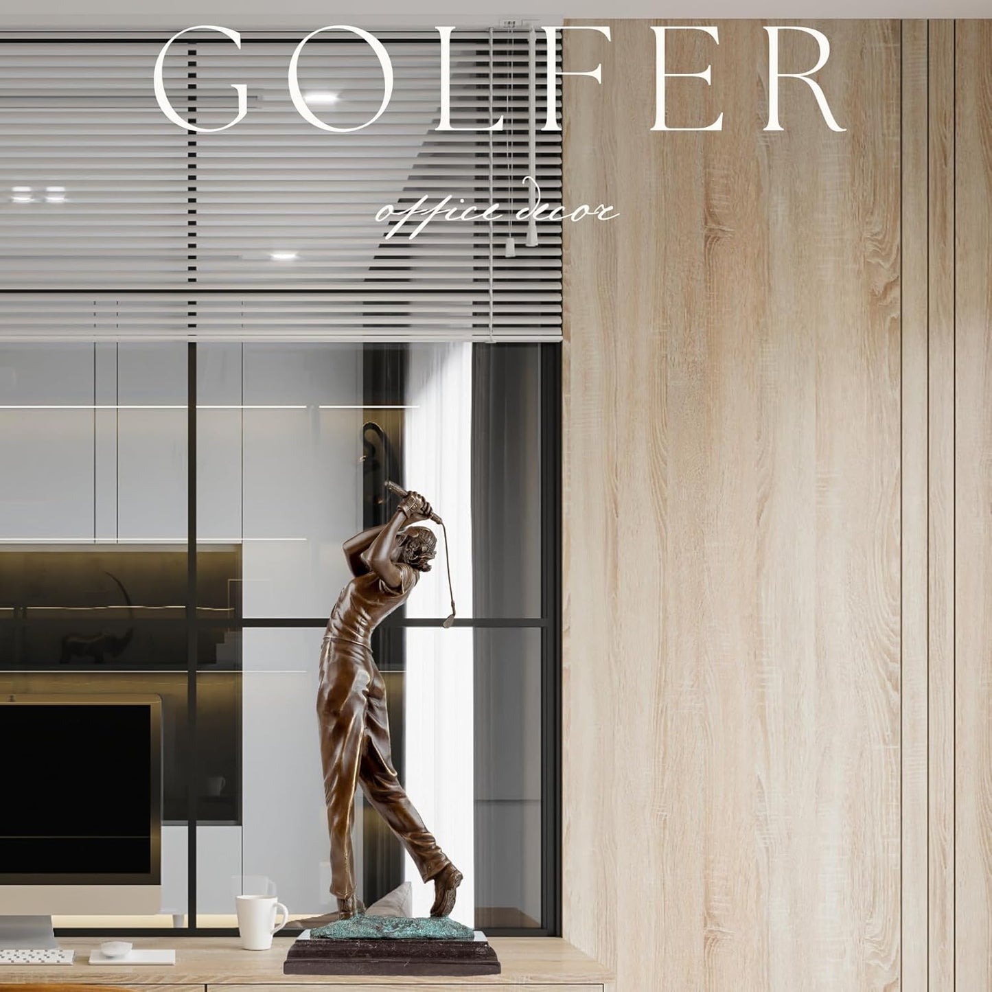 22'' Modern Golf Female Bronze Statue, Bronze Golfer Figurine Sculpture Ornament with Marble Base Classical Art Craft for Home Office Decor Collection Gift