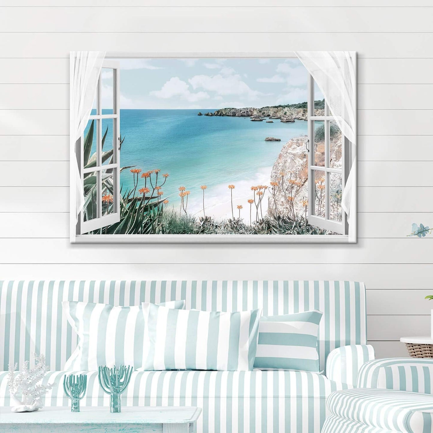 Hardy Gallery Coastal Painting Seascape Wall Art: Open Window View Picture Blue Ocean & Beach Artwork on Canvas for Bedroom (45'' x 30'' x 1 Panel)