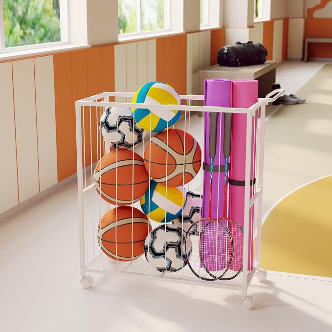 Ball Storage Bin Rolling Sports Ball Cart, Metal Garage Organizer Sport Rack - Image 8