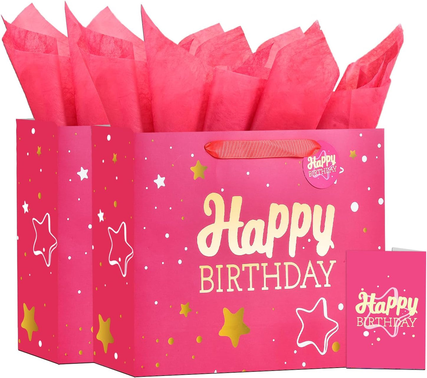 13" Pink Happy Birthday Gift Bag with Tissue Paper and Greeting Card for Party,Happy Birthday Gift Bag for Men Women,Gift Bags Medium size(2 PCS Pink Hot Stamping)