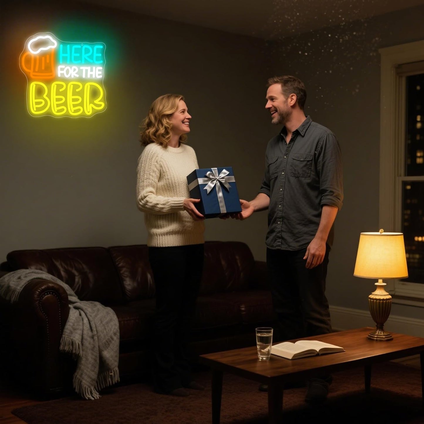 Here for The Beer Neon Sign for Wall Decor Beer Neon Light for Man Cave Dimmable LED Light Bar Pub Party Restaurant Christmas Birthday Gift Art Size 12.1 * 11.8In (WZCP163)