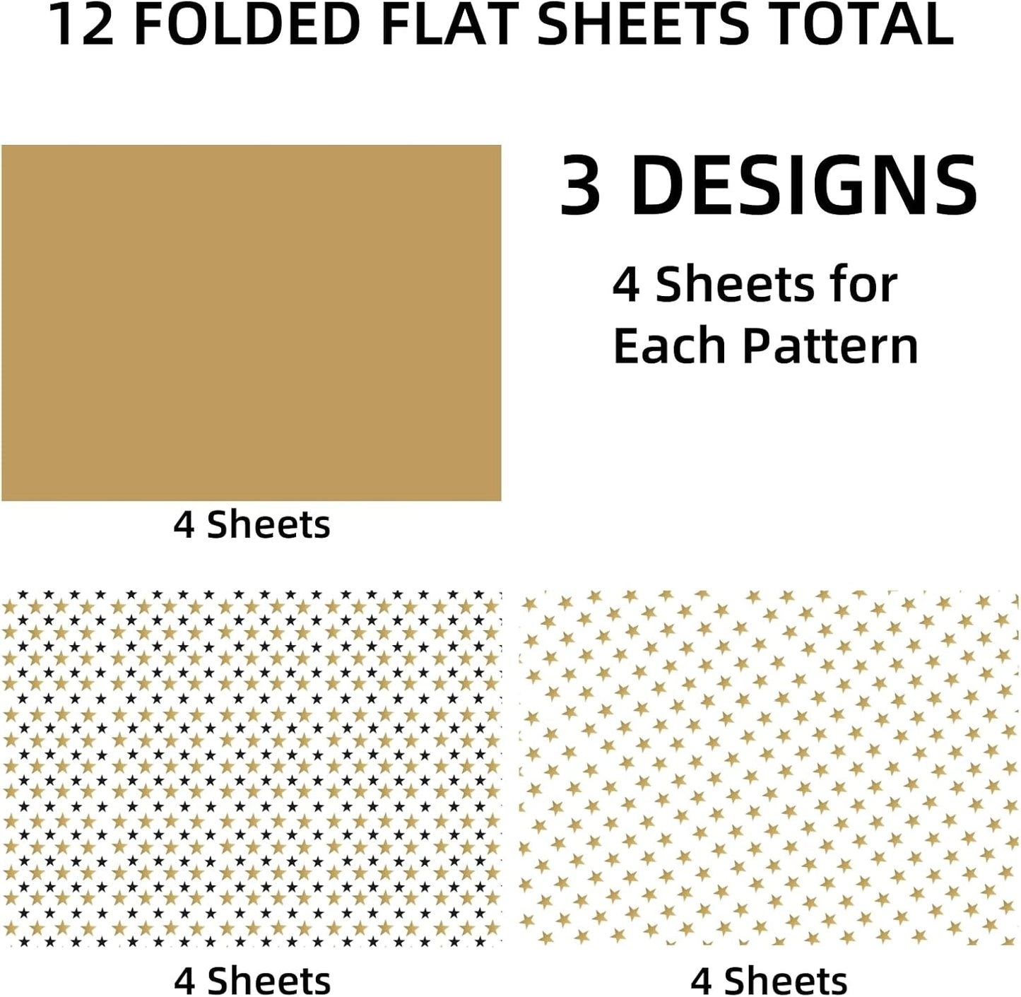 HimBen Gift Wrapping Paper 12 Sheets, Folded Flat Gift Wrap Paper for Presents, Kids, Boy and Girl, 20 x 29” Per Sheet - Gold Black Stars